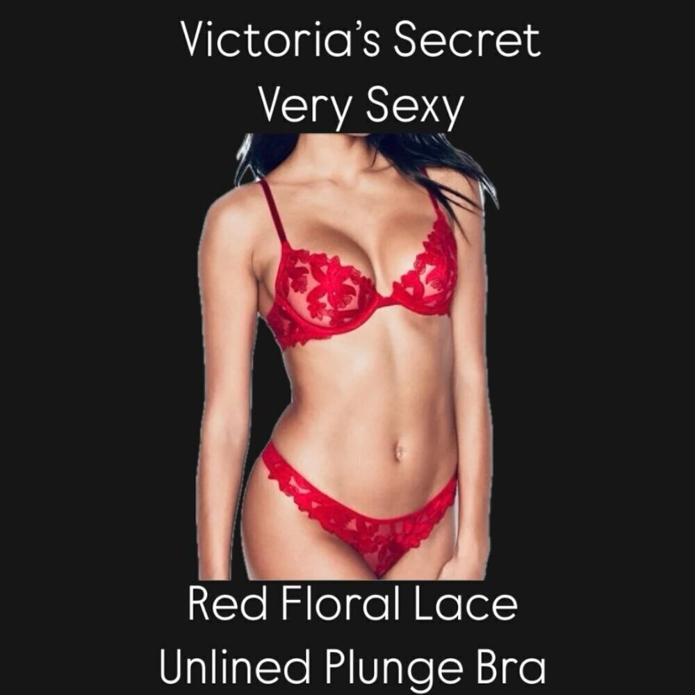 GORGEOUS Victoria's Secret 32DDD Very Sexy Red Floral Lace Appliqué Plunge Bra